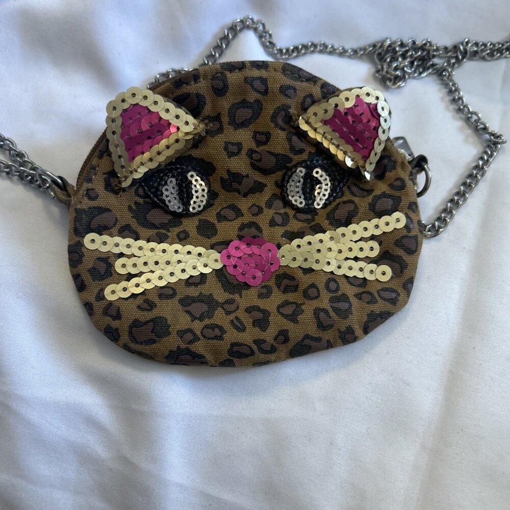 Est. 1989 Place Cat Bag Coin Purse Leopard Spots Sparkles Sequence Brown Purse